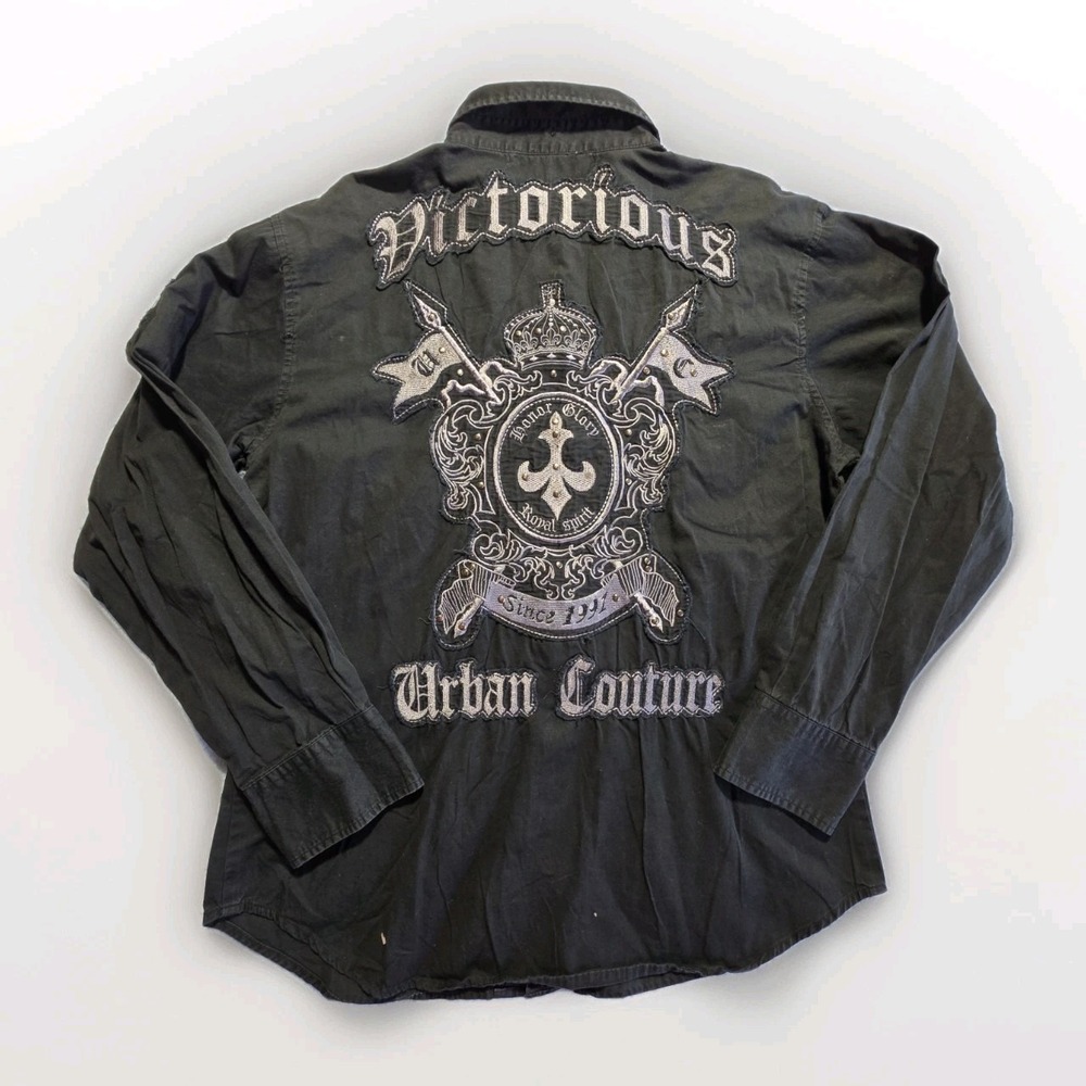 Y2K Victorious Urban Couture Black Cotton Zipper-Button Up Shirt‎ Embroidered XL